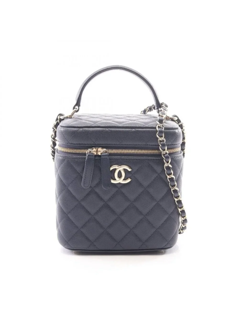 Chanel Shoulder Bag Quilted Vanity 2-Way Navy Caviar Leather Chain